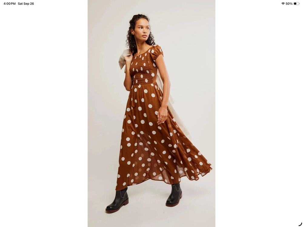 Free People Ultraviolet Dress Oak Women's Smocked Polka Dot Maxi Size Medium